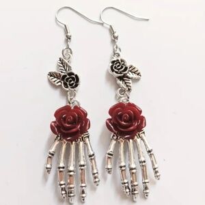 NWT! Creepy Silver Tone Skeleton Hand w Blood Red Rose Pierced Dangle Earrings!